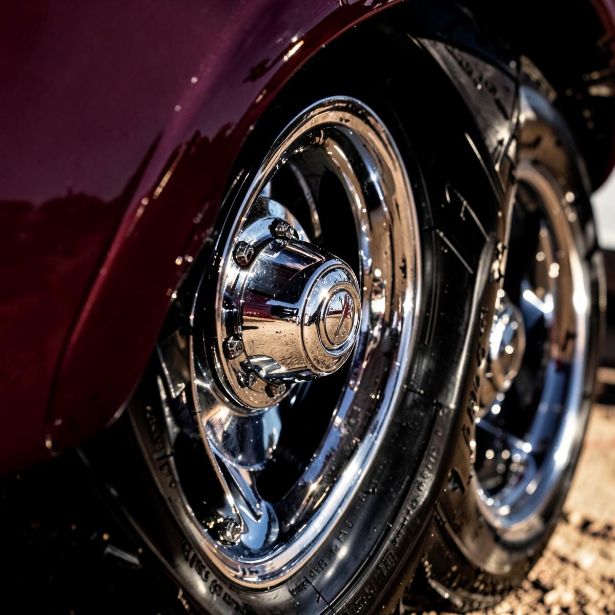 Chrome wheel simulator against a maroon RV fender