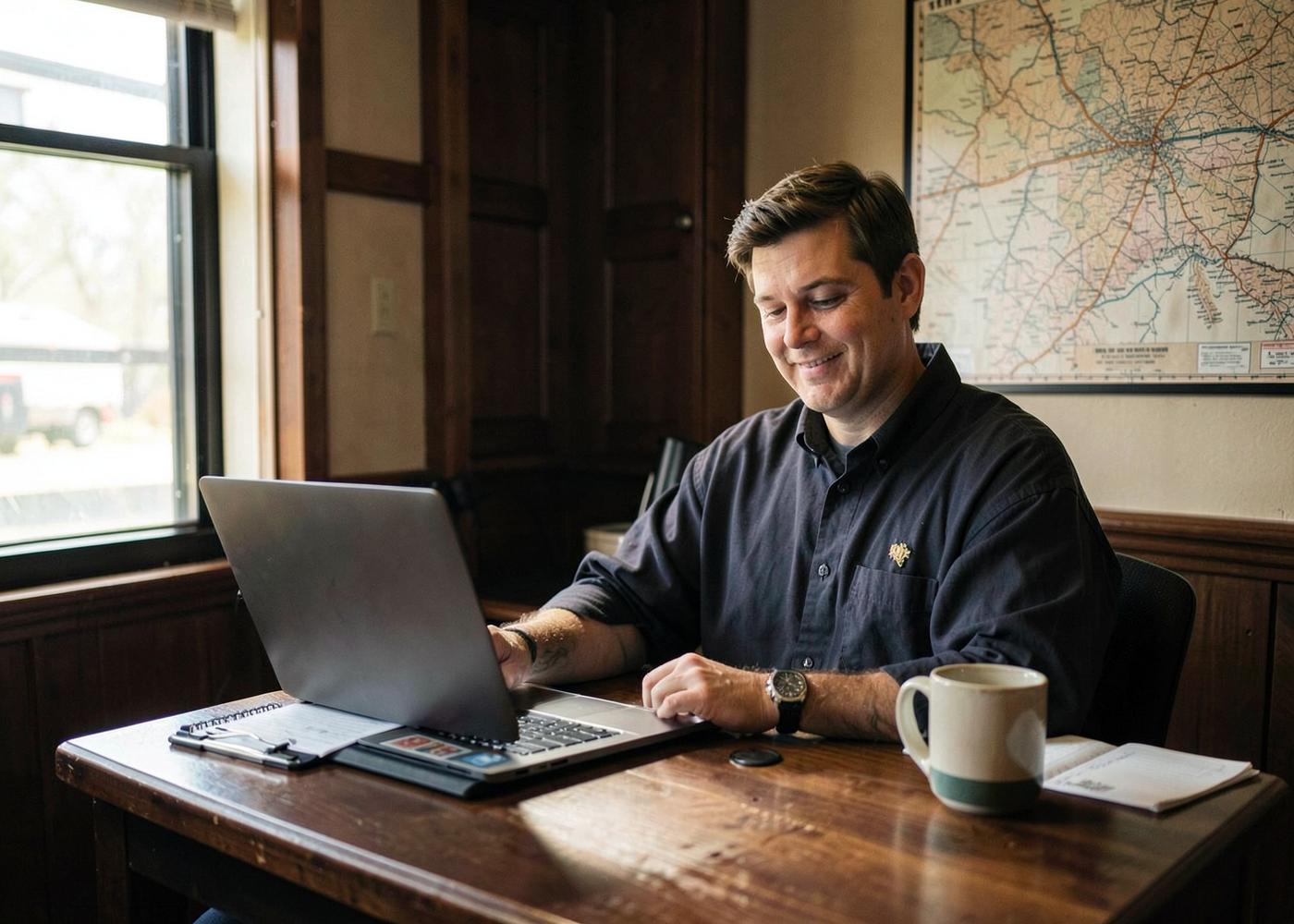 RV repair business owner reviewing the day on a laptop in a warm wood office