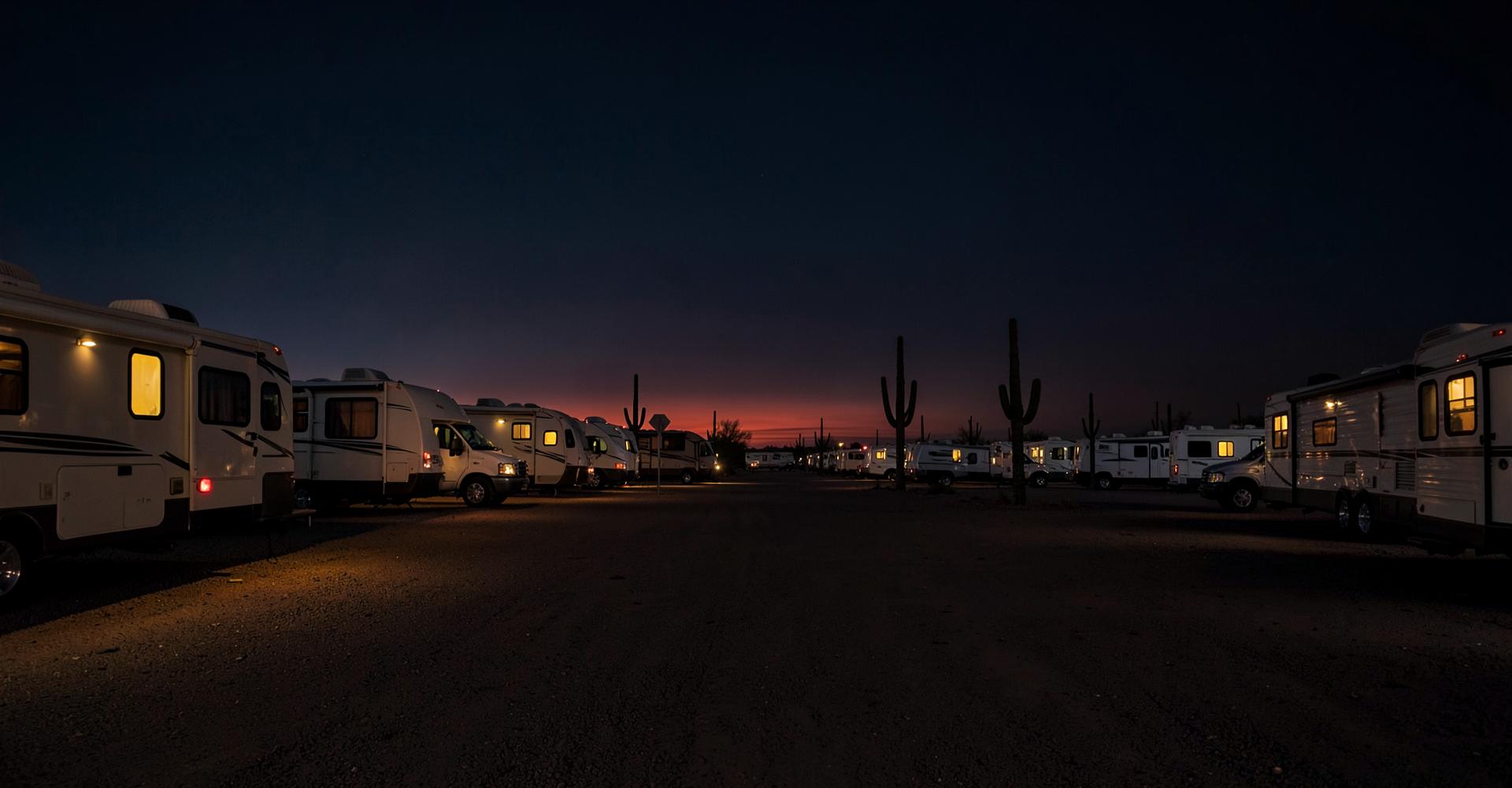 Desert RV park at dusk with lit motorhome windows
