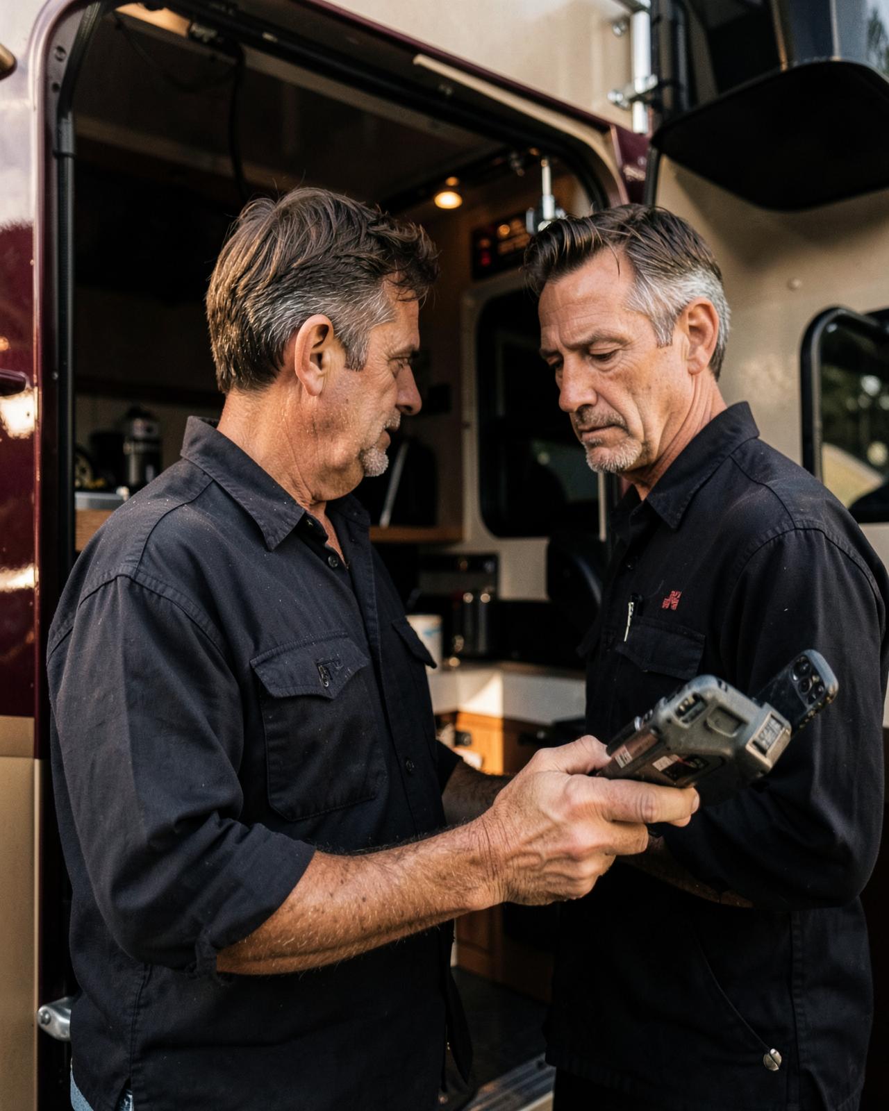 Two RV service technicians reviewing a job on a rugged phone beside a service van