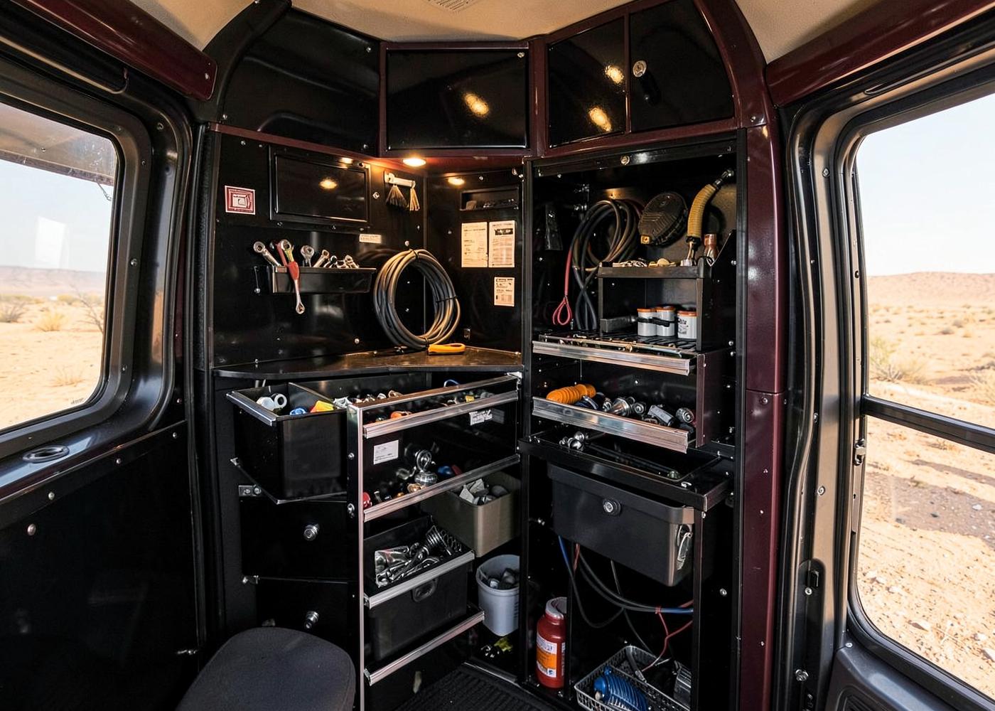 Organized interior of a mobile RV repair service van with parts bins and tool drawers