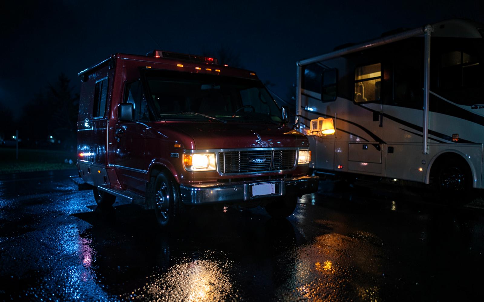 Maroon RV service van with headlights on at night beside a motorhome on wet asphalt