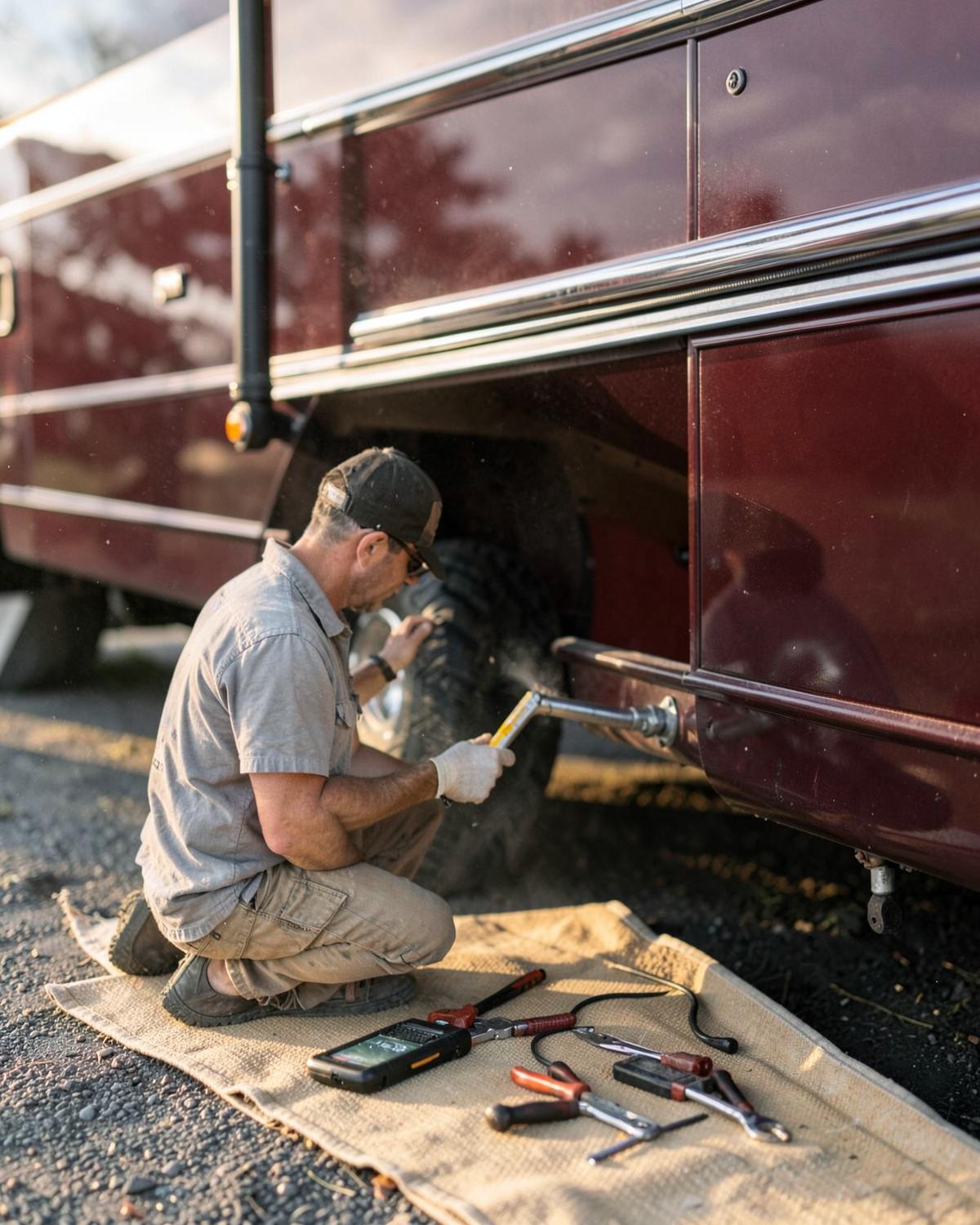 Technician kneeling to service a motorhome slide-out mechanism